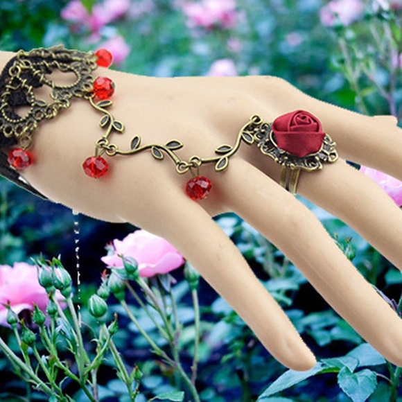 Jewelry - Gothic Red Rose Black Crochet Bracelet Ring Combo